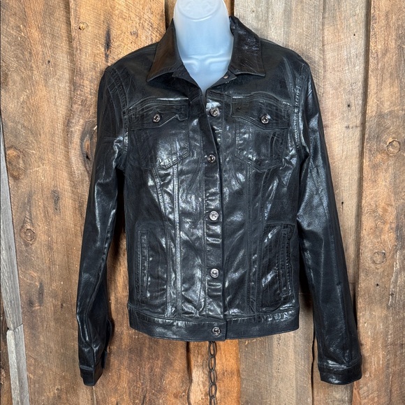 7 For All Mankind Coated Black Denim Trucker Jacket - Picture 4 of 14